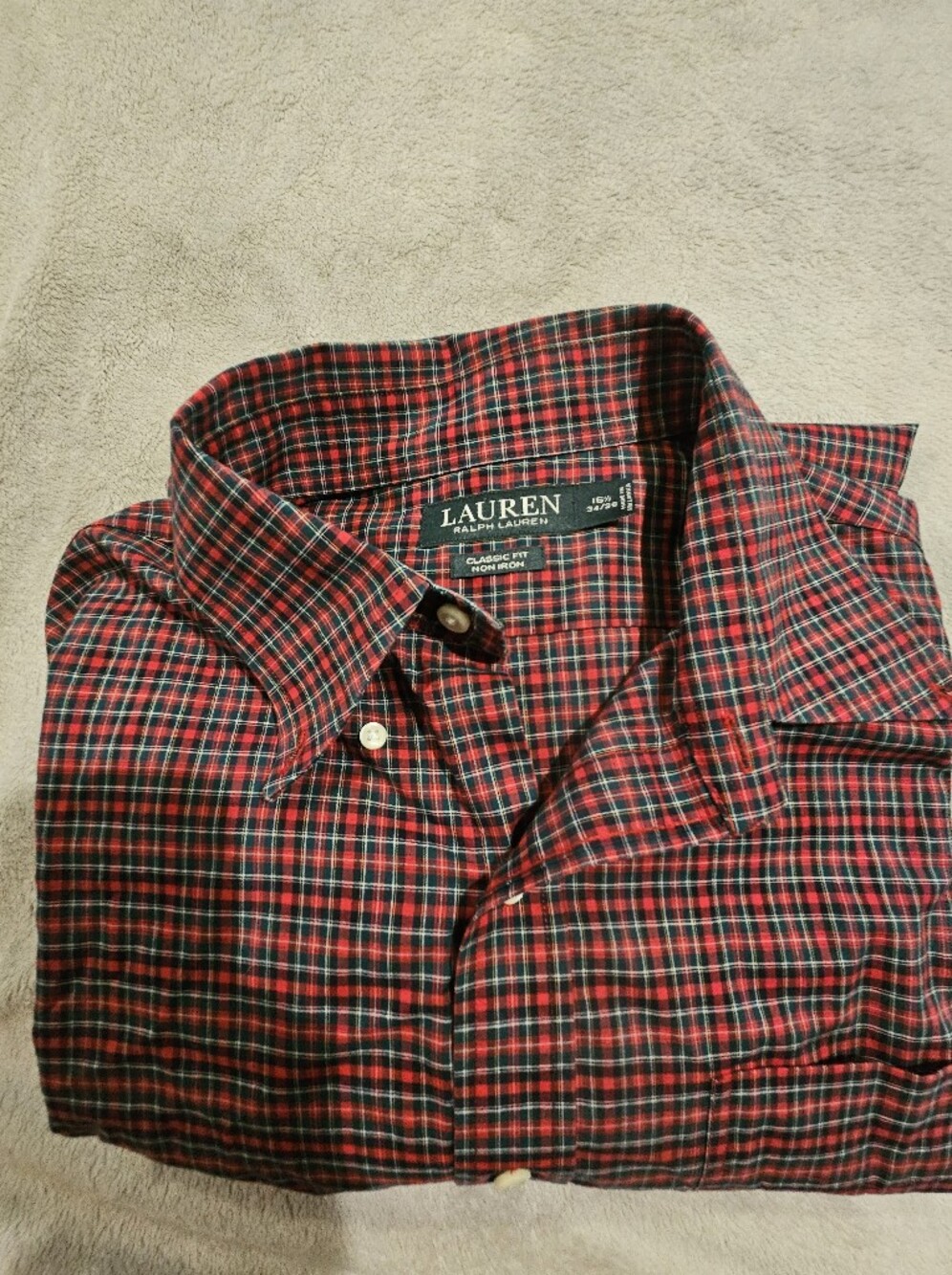 Classic Lauren Ralph Lauren Non Iron Plaid Dress Shirt Mens 16.5 34/35 Red
